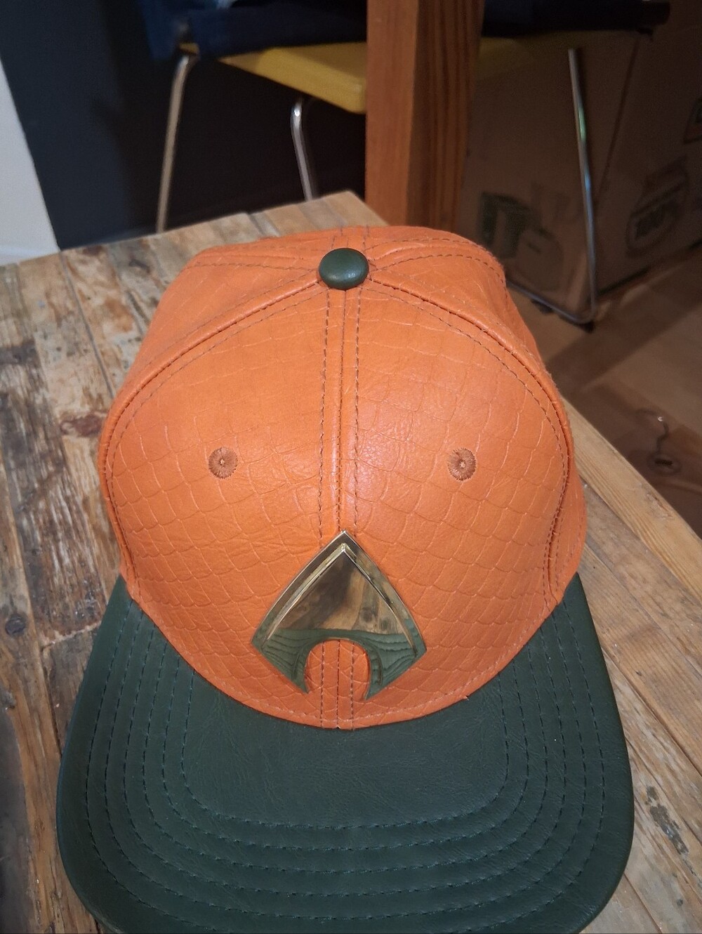 DC Orange and Green Leather-Texture Snapback Hat with Gold Emblem